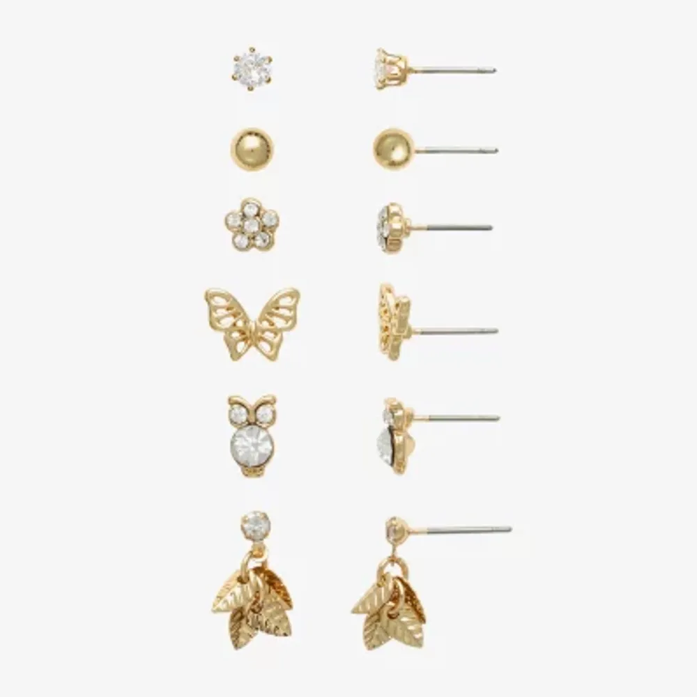 Mixit Hypoallergenic Gold Tone Owl Stud 6 Pair Cubic Zirconia Butterfly Flower Earring Set