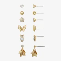 Mixit Hypoallergenic Gold Tone Owl Stud 6 Pair Cubic Zirconia Butterfly Flower Earring Set
