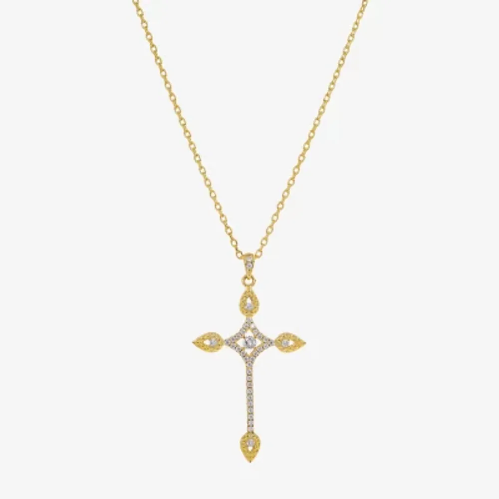 Sparkle Allure Cubic Zirconia 14K Gold Over Brass 16 Inch Link Cross Pendant Necklace