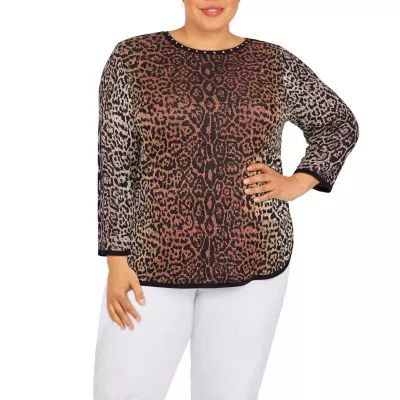 Alfred Dunner Plus Madagascar Womens Round Neck 3/4 Sleeve Animal Pullover Sweater