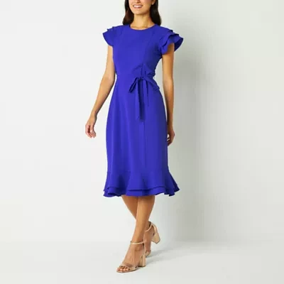 Perceptions Womens Short Sleeve Midi Fit + Flare Dress