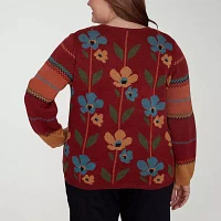 Alfred Dunner Plus Womens Crew Neck Long Sleeve Floral Pullover Sweater