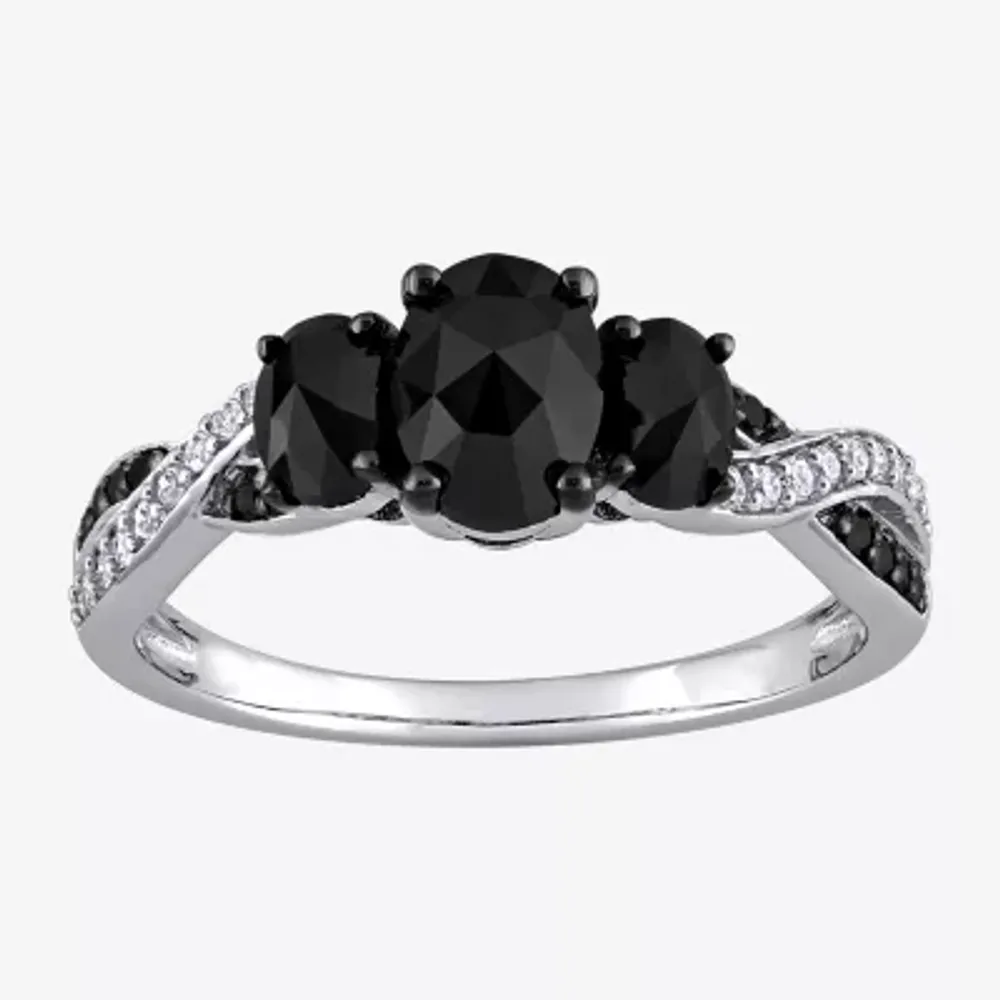Womens 1 3/8 CT. T.W. Natural Black Diamond 10K White Gold Oval Side Stone 3-Stone Engagement Ring