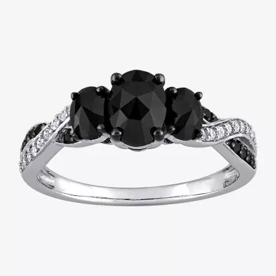 Womens 1 3/8 CT. T.W. Natural Black Diamond 10K White Gold Oval Side Stone 3-Stone Engagement Ring