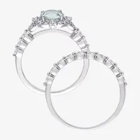 Womens Diamond Accent Genuine Blue Aquamarine 10K White Gold Round Side Stone Bridal Set