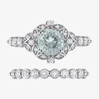 Womens Diamond Accent Genuine Blue Aquamarine 10K White Gold Round Side Stone Bridal Set