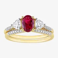 Womens 1/10 CT. T.W. Lab Created Red Ruby 10K Gold Oval Side Stone 3-Stone Bridal Set