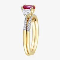 Womens 1/10 CT. T.W. Lab Created Red Ruby 10K Gold Oval Side Stone 3-Stone Bridal Set