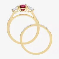 Womens 1/10 CT. T.W. Lab Created Red Ruby 10K Gold Oval Side Stone 3-Stone Bridal Set