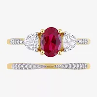 Womens 1/10 CT. T.W. Lab Created Red Ruby 10K Gold Oval Side Stone 3-Stone Bridal Set