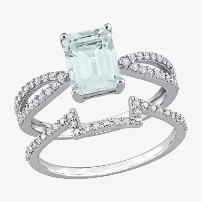 Womens 1/3 CT. T.W. Genuine Blue Aquamarine 14K White Gold Side Stone Bridal Set