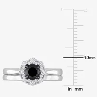 Womens 1 CT. T.W. Natural Black Diamond 14K White Gold Round Halo Bridal Set