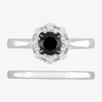 Womens 1 CT. T.W. Natural Black Diamond 14K White Gold Round Halo Bridal Set