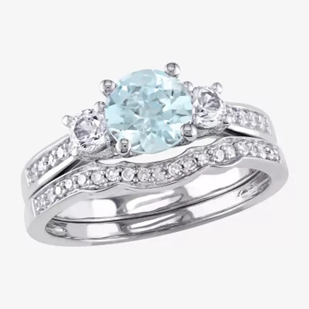 Womens 1/7 CT. T.W. Genuine Blue Aquamarine 10K White Gold Round Side Stone 3-Stone Bridal Set