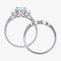 Womens 1/7 CT. T.W. Genuine Blue Aquamarine 10K White Gold Round Side Stone 3-Stone Bridal Set