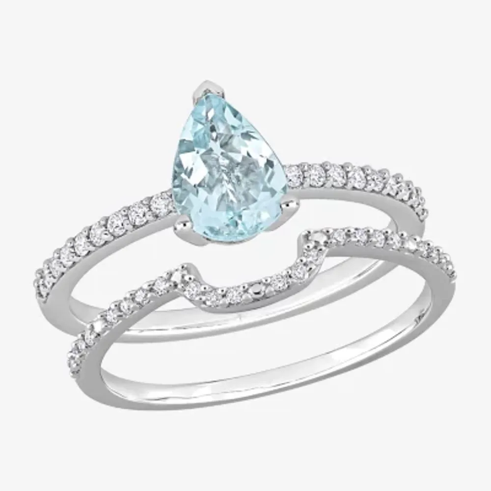 Womens 1/4 CT. T.W. Genuine Blue Aquamarine 14K White Gold Pear Side Stone Bridal Set