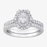 Womens 1 CT. T.W. Natural White Diamond 14K Gold Oval Side Stone Halo Bridal Set