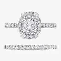 Womens 1 CT. T.W. Natural White Diamond 14K Gold Oval Side Stone Halo Bridal Set