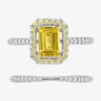 Womens 1/4 CT. T.W. Genuine Yellow Sapphire 14K White Gold Side Stone Halo Bridal Set