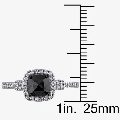 Womens 1 CT. T.W. Mined Black Diamond 14K White Gold Cushion Side Stone Halo Engagement Ring