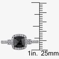 Womens 1 CT. T.W. Natural Black Diamond 14K White Gold Cushion Side Stone Halo Engagement Ring