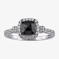 Womens 1 CT. T.W. Natural Black Diamond 14K White Gold Cushion Side Stone Halo Engagement Ring