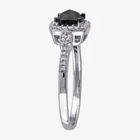 Womens 1 CT. T.W. Natural Black Diamond 14K White Gold Cushion Side Stone Halo Engagement Ring