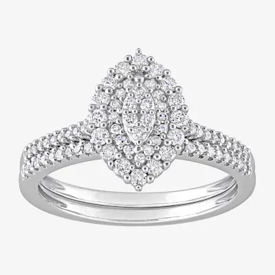 Womens 1/2 CT. T.W. Natural White Diamond 10K Gold Marquise Side Stone Halo Bridal Set