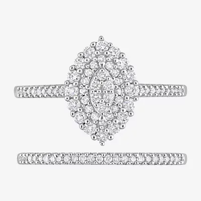 Womens 1/2 CT. T.W. Natural Diamond White 10K Gold Marquise Side Stone Halo Bridal Set