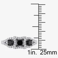 Womens 1 CT. T.W. Natural Black Diamond 10K White Gold 3-Stone Halo Engagement Ring