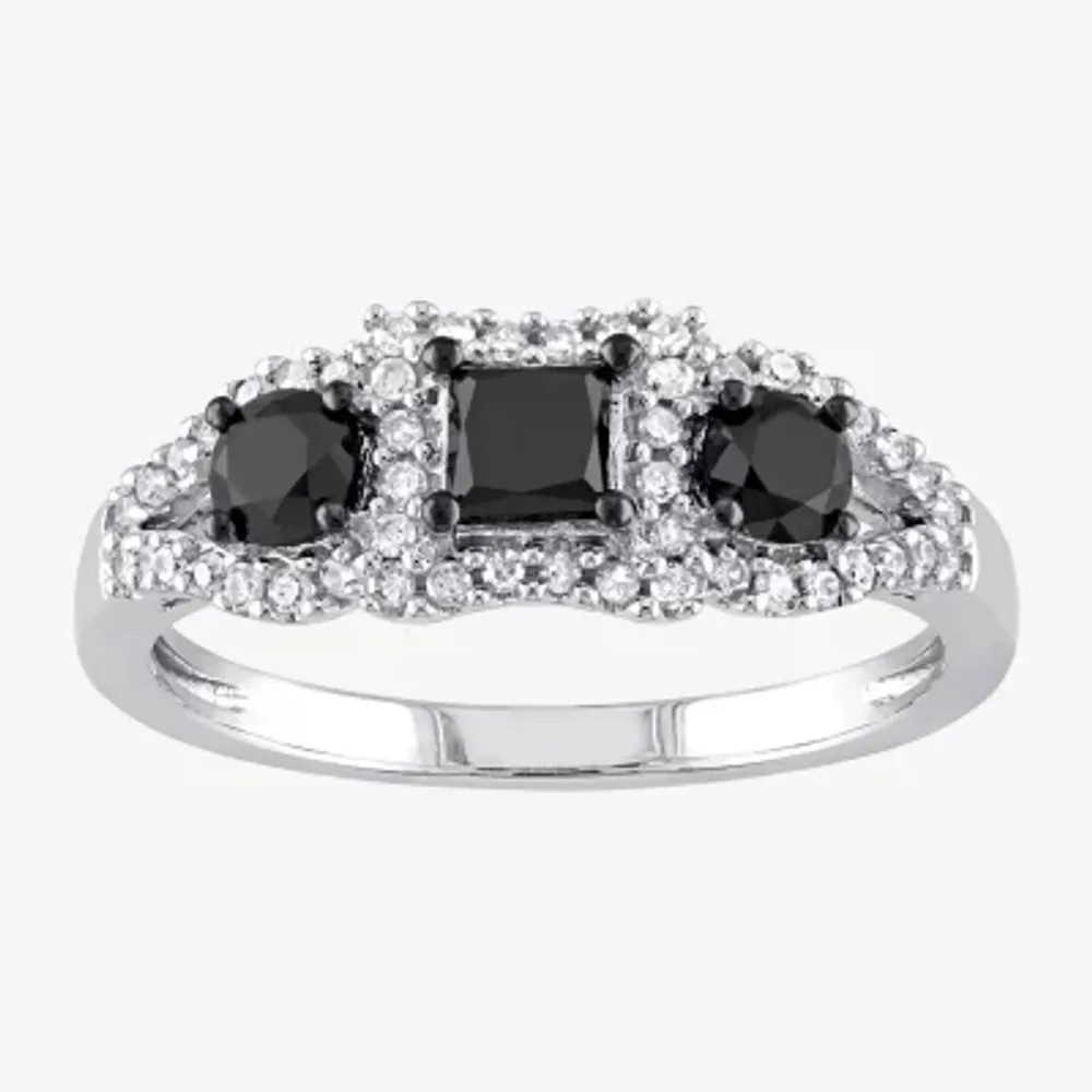 Womens 1 CT. T.W. Natural Black Diamond 10K White Gold 3-Stone Halo Engagement Ring