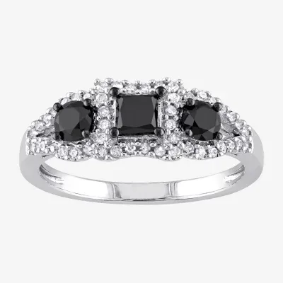 Womens 1 CT. T.W. Natural Black Diamond 10K White Gold 3-Stone Halo Engagement Ring