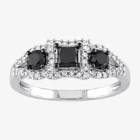 Womens 1 CT. T.W. Natural Black Diamond 10K White Gold 3-Stone Halo Engagement Ring