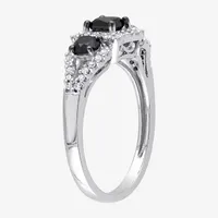 Womens 1 CT. T.W. Natural Black Diamond 10K White Gold 3-Stone Halo Engagement Ring