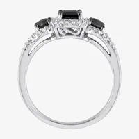 Womens 1 CT. T.W. Natural Black Diamond 10K White Gold 3-Stone Halo Engagement Ring