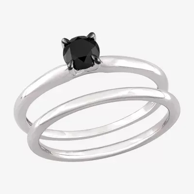 Womens 1/2 CT. Natural Black Diamond 10K White Gold Round Solitaire Bridal Set