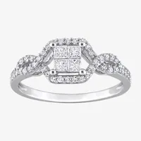 Womens 1/2 CT. T.W. Natural White Diamond 10K Gold Cushion Side Stone Crossover Engagement Ring