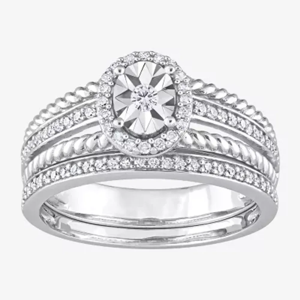 Womens 1/ CT. T.W. Natural White Diamond Sterling Silver Oval Halo Bridal Set