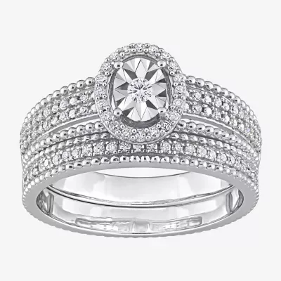 Womens 1/3 CT. T.W. Natural White Diamond Sterling Silver Oval Halo Bridal Set