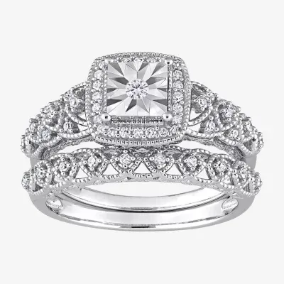 Womens 1/3 CT. T.W. Natural White Diamond Sterling Silver Cushion Halo Bridal Set