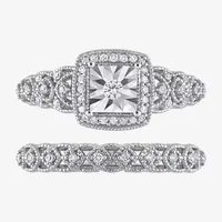 Womens 1/ CT. T.W. Natural White Diamond Sterling Silver Cushion Halo Bridal Set