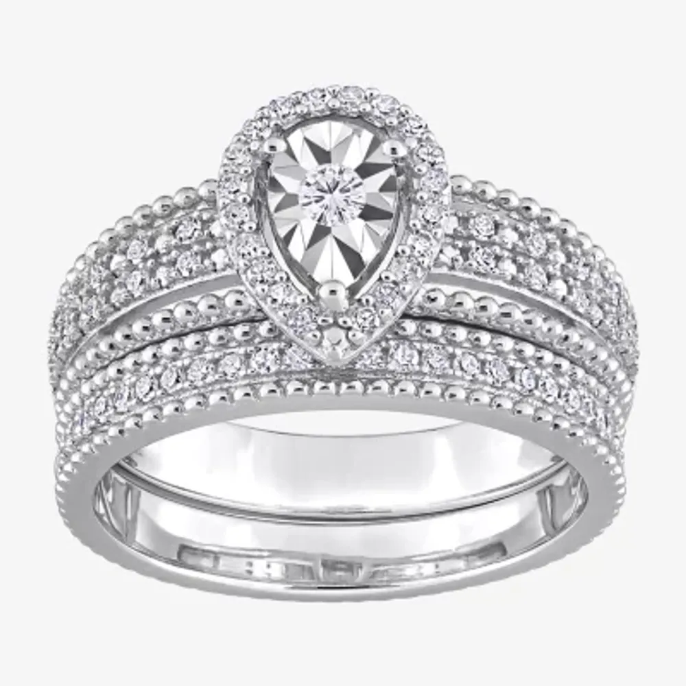 Womens 1/3 CT. T.W. Natural White Diamond Sterling Silver Pear Halo Bridal Set