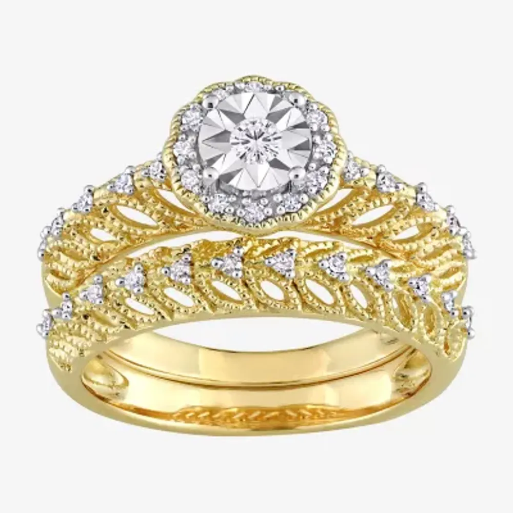 Womens 1/4 CT. T.W. Natural White Diamond 18K Gold Over Silver Round Halo Bridal Set