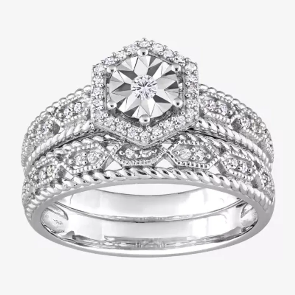 Womens 1/4 CT. T.W. Natural White Diamond Sterling Silver Halo Bridal Set