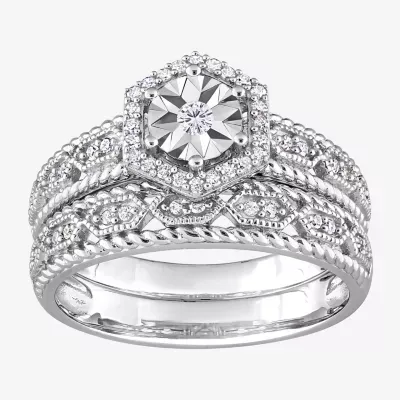 Womens 1/4 CT. T.W. Natural White Diamond Sterling Silver Halo Bridal Set