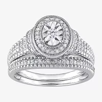 Womens 1/ CT. T.W. Natural White Diamond Sterling Silver Oval Halo Bridal Set