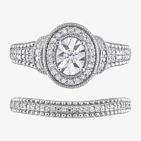 Womens 1/ CT. T.W. Natural White Diamond Sterling Silver Oval Halo Bridal Set