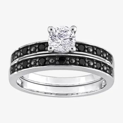 Womens 1/5 CT. Natural Black Diamond Sterling Silver Round Side Stone Bridal Set