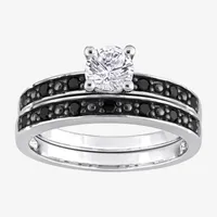 Womens 1/ CT. T.W. Mined Black Diamond Sterling Silver Round Side Stone Bridal Set