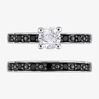 Womens 1/ CT. T.W. Natural Black Diamond Sterling Silver Round Side Stone Bridal Set